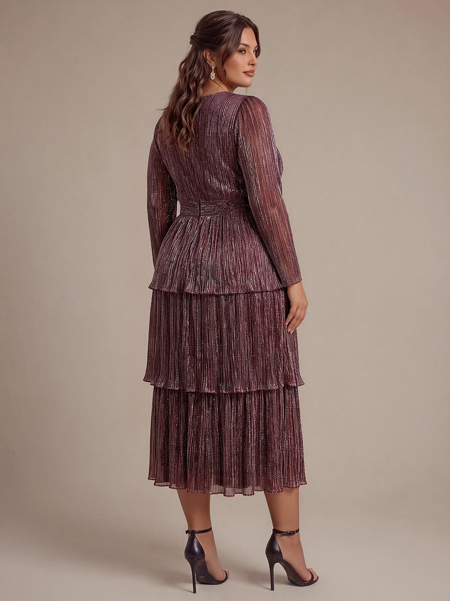 Plus Size Tiered Tulle Shimmer Wedding Guest Dress #color_Mahogany Brown