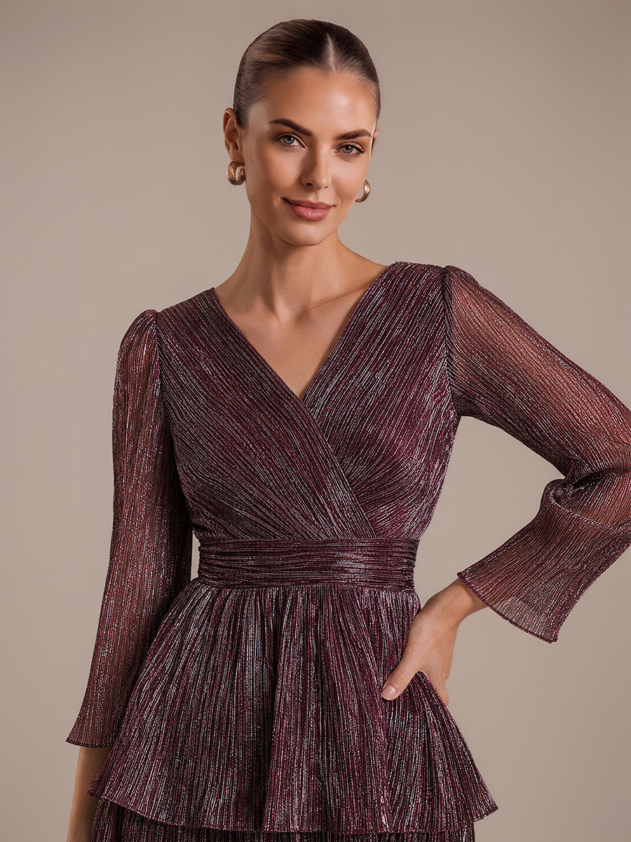 Tiered Lurex Tulle Shimmer Long Sleeve Wedding Guest Dress #color_Mahogany Brown
