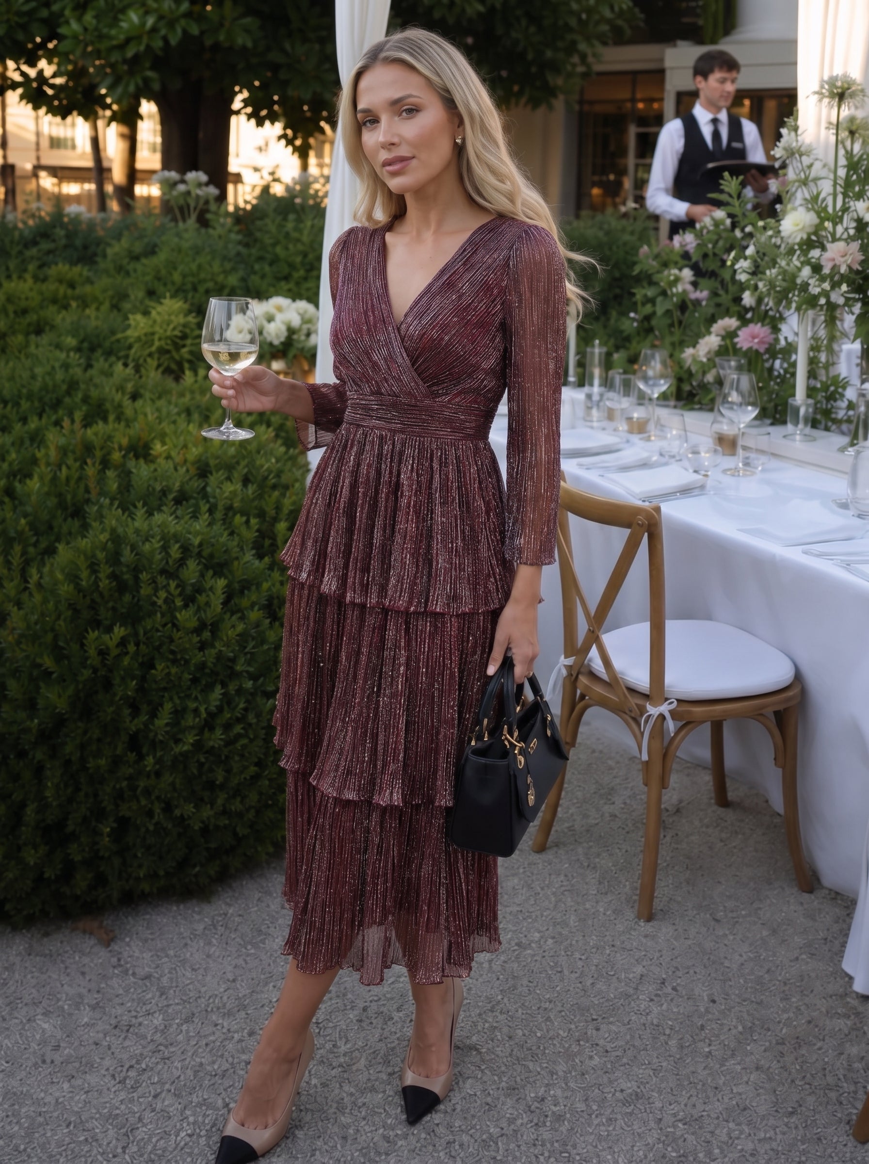 Tiered Lurex Tulle Shimmer Long Sleeve Wedding Guest Dress #color_Mahogany Brown