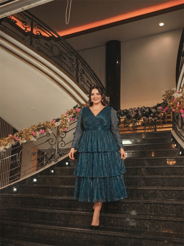 Plus Size Tiered Tulle Shimmer Wedding Guest Dress #color_Teal Blue