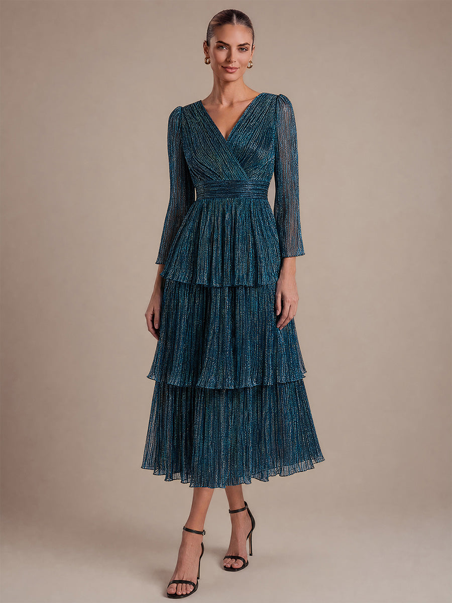Tiered Lurex Tulle Shimmer Long Sleeve Wedding Guest Dress #color_Teal Blue