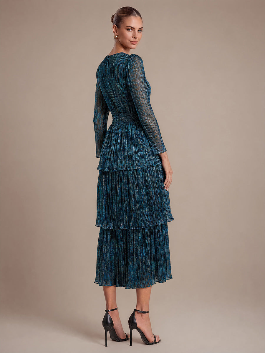 Tiered Lurex Tulle Shimmer Long Sleeve Wedding Guest Dress #color_Teal Blue