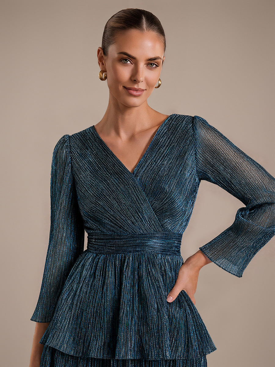 Tiered Lurex Tulle Shimmer Long Sleeve Wedding Guest Dress #color_Teal Blue