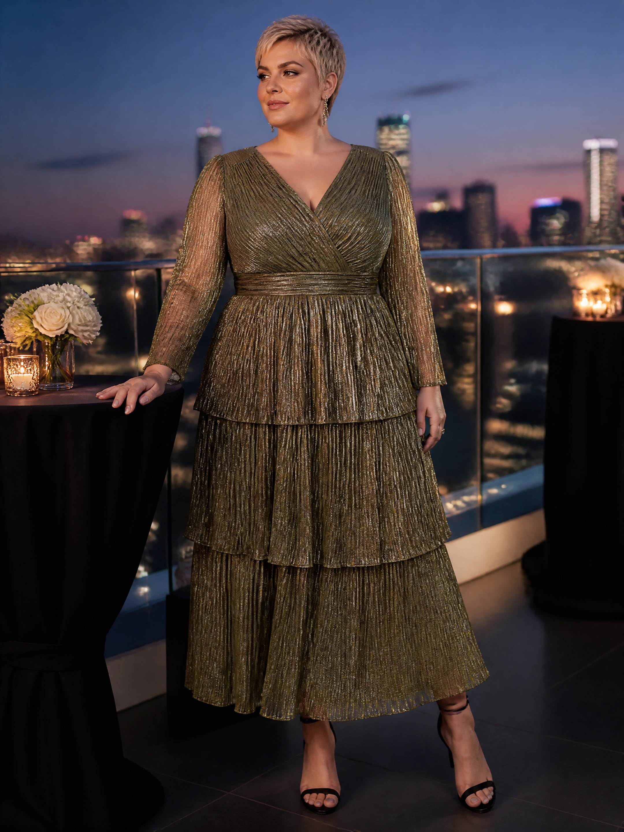 Plus Size Tiered Tulle Shimmer Wedding Guest Dress #color_Metallic Gold