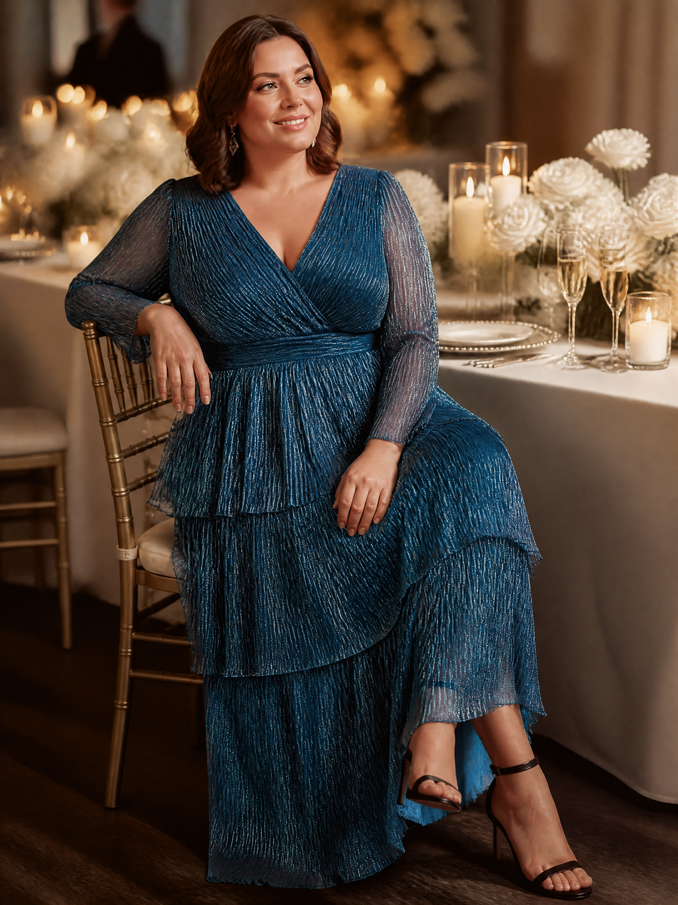 Plus Size Tiered Tulle Shimmer Wedding Guest Dress #color_Teal Blue