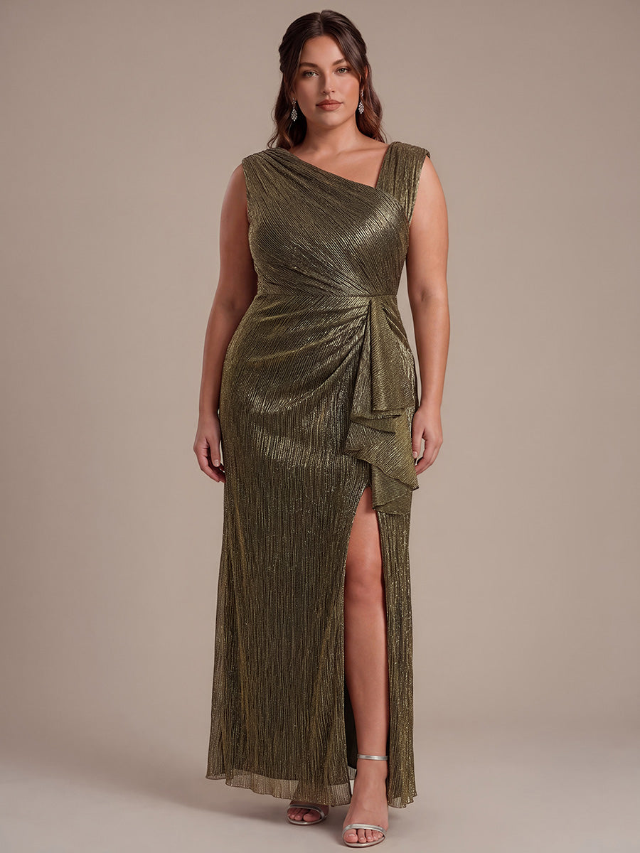 Plus Size Slit Lurex Tulle Sleeveless Wedding Guest Dress #color_Metallic Gold