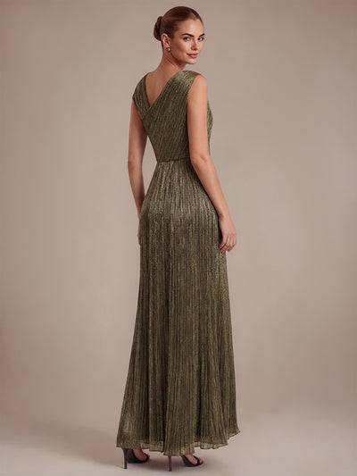 Slit Lurex Tulle Shimmer Sleeveless Wedding Guest Dress #color_Metallic Gold