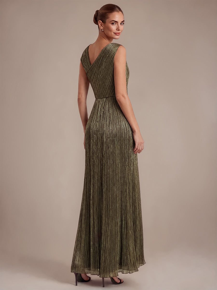 Slit Lurex Tulle Shimmer Sleeveless Wedding Guest Dress #color_Metallic Gold