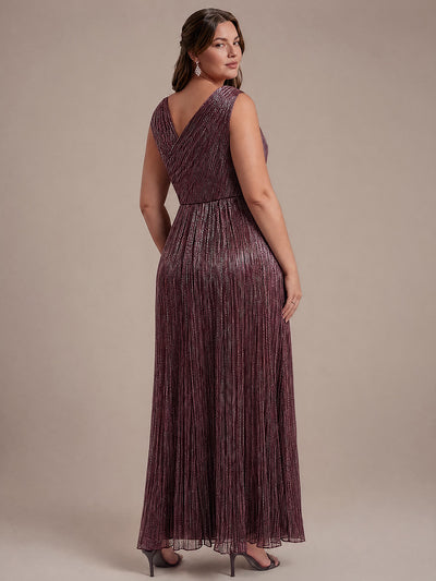 Plus Size Slit Lurex Tulle Sleeveless Wedding Guest Dress #color_Mahogany Brown