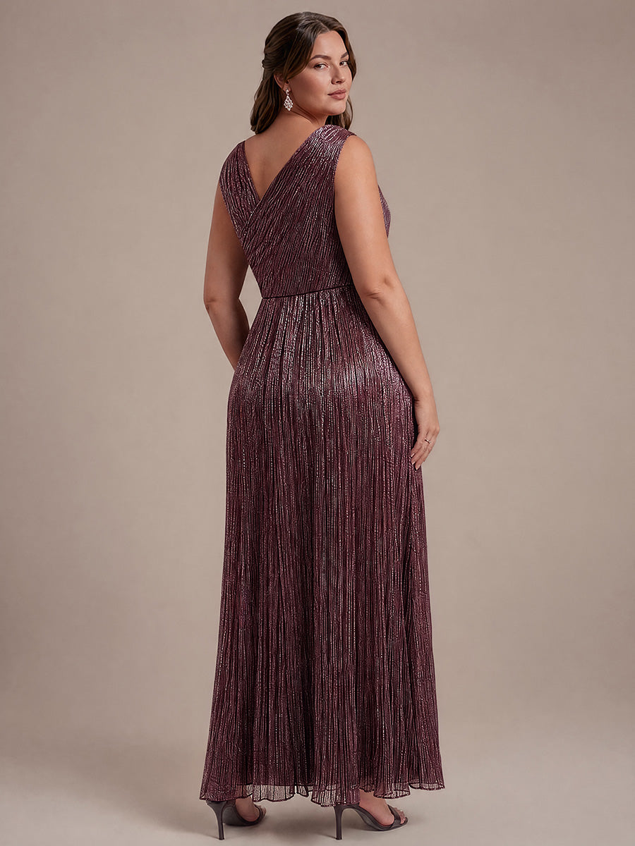 Plus Size Slit Lurex Tulle Sleeveless Wedding Guest Dress #color_Mahogany Brown