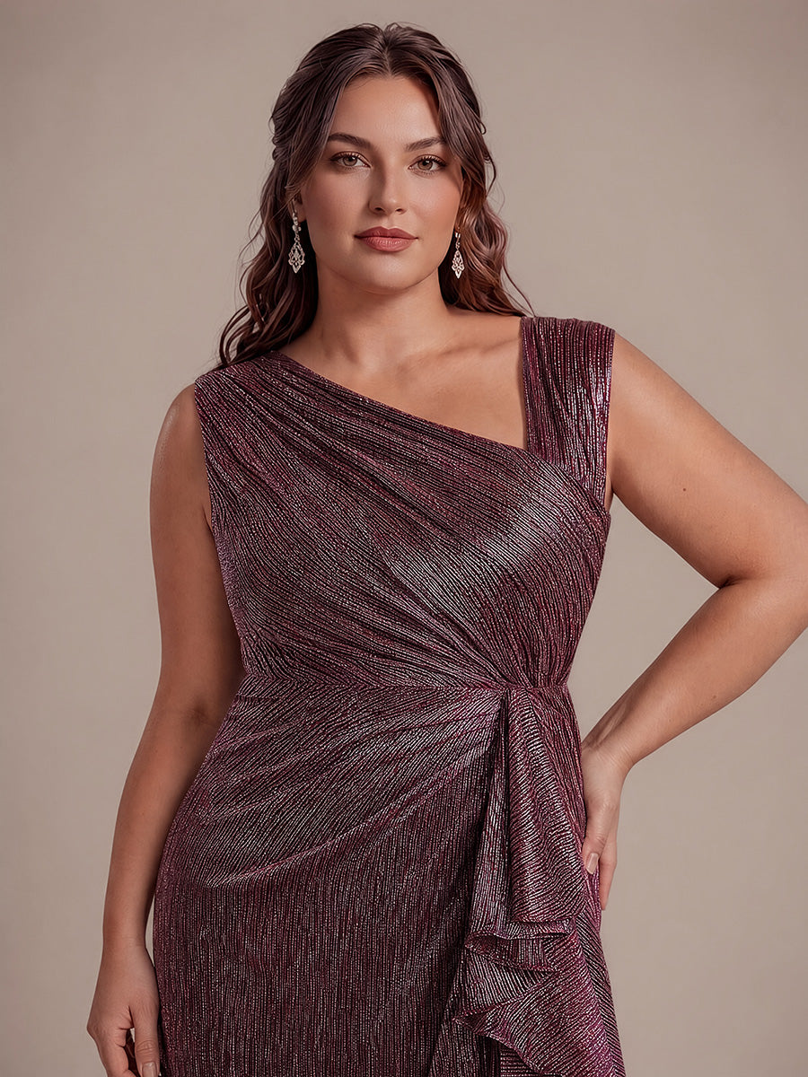 Plus Size Slit Lurex Tulle Sleeveless Wedding Guest Dress #color_Mahogany Brown
