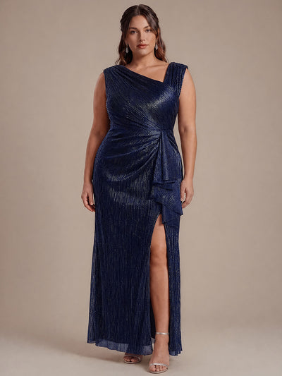 Plus Size Slit Lurex Tulle Sleeveless Wedding Guest Dress