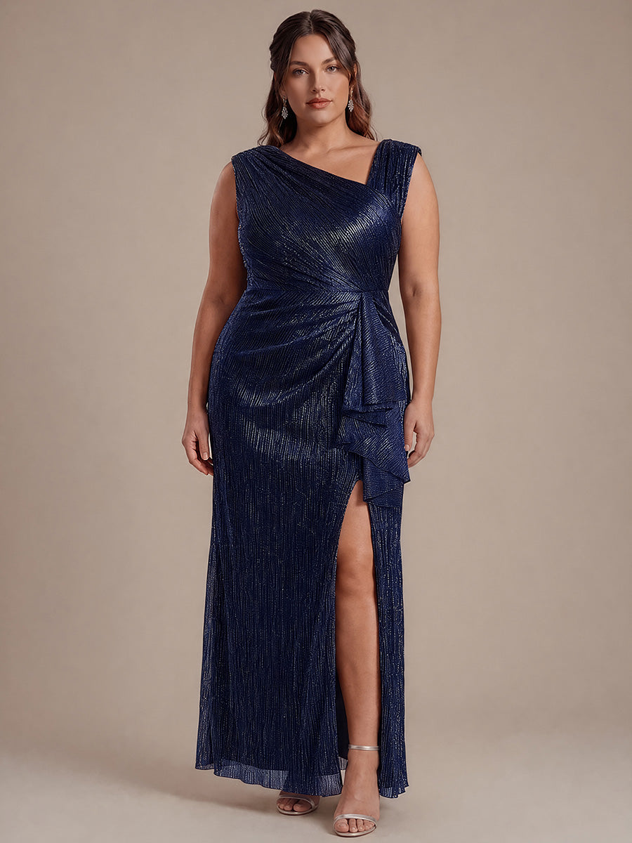 Plus Size Slit Lurex Tulle Sleeveless Wedding Guest Dress #color_Navy Blue