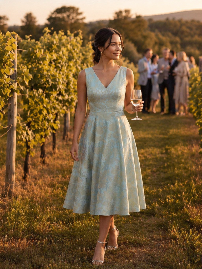 Floral Print Jacquard V-Neck Midi Wedding Guest Dress #color_Sky Blue/Gold