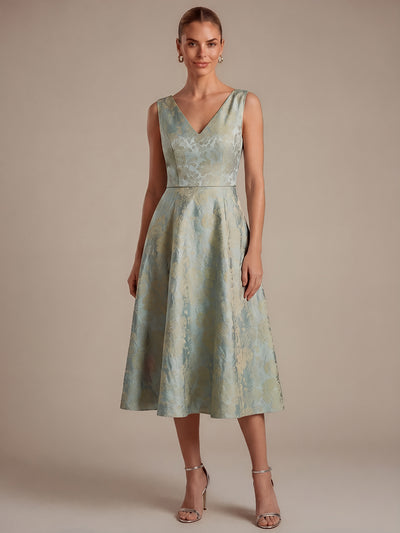 Floral Print Jacquard V-Neck Midi Wedding Guest Dress