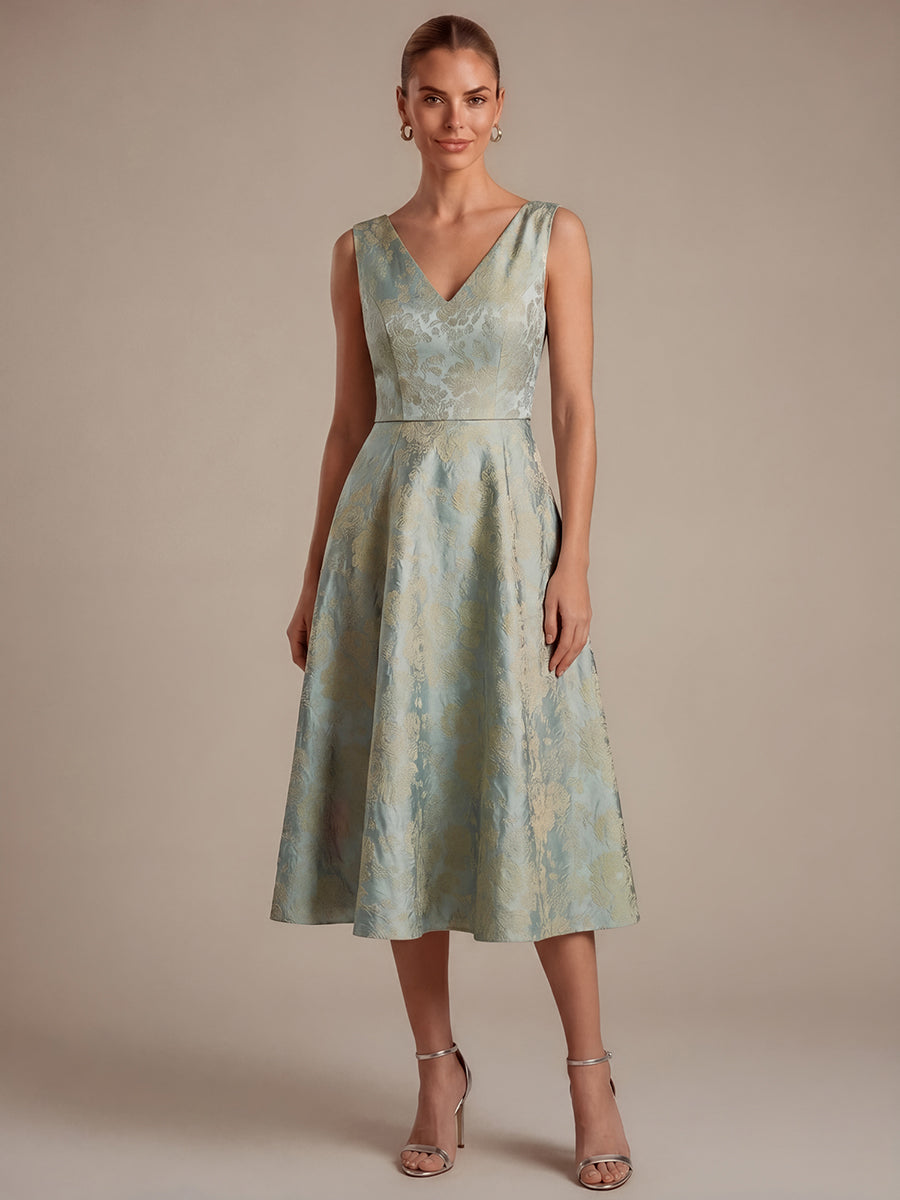 Floral Print Jacquard V-Neck Midi Wedding Guest Dress #color_Sky Blue