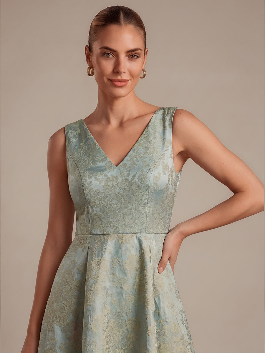 Floral Print Jacquard V-Neck Midi Wedding Guest Dress #color_Sky Blue