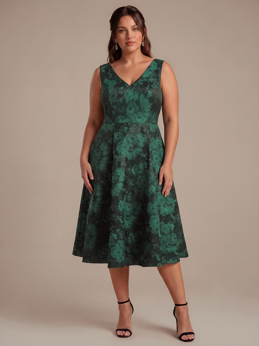 Floral Print Jacquard V-Neck Midi Wedding Guest Dress #color_Dark Green/Black