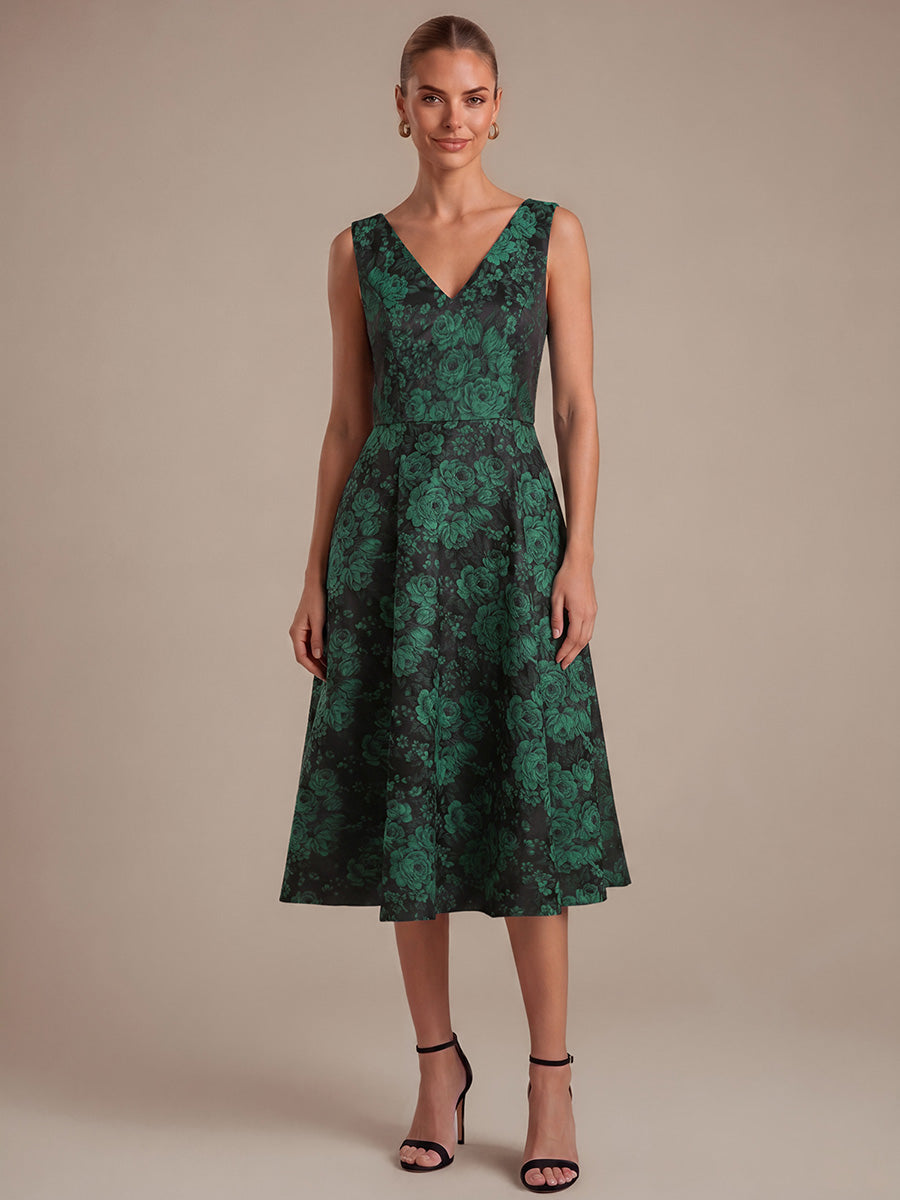 Floral Print Jacquard V-Neck Midi Wedding Guest Dress #color_Dark Green