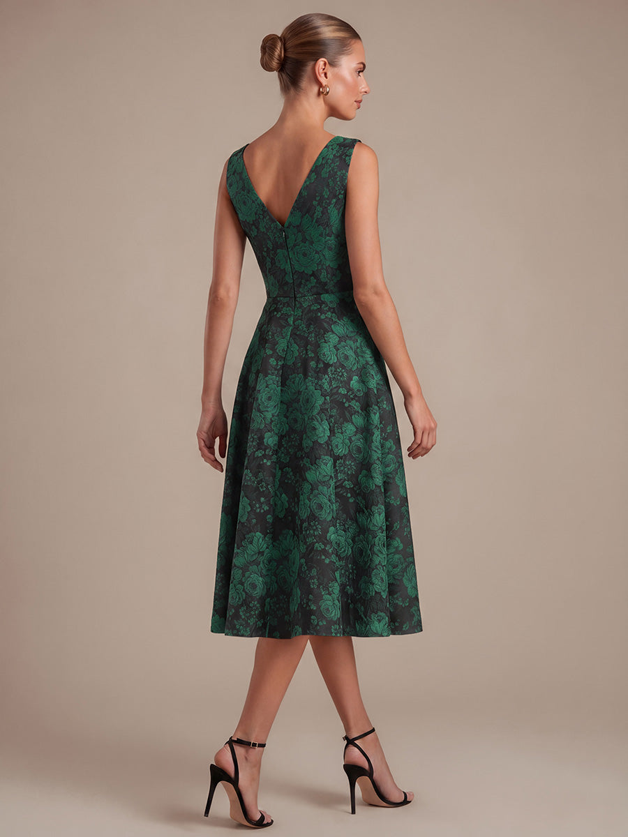 Floral Print Jacquard V-Neck Midi Wedding Guest Dress #color_Dark Green