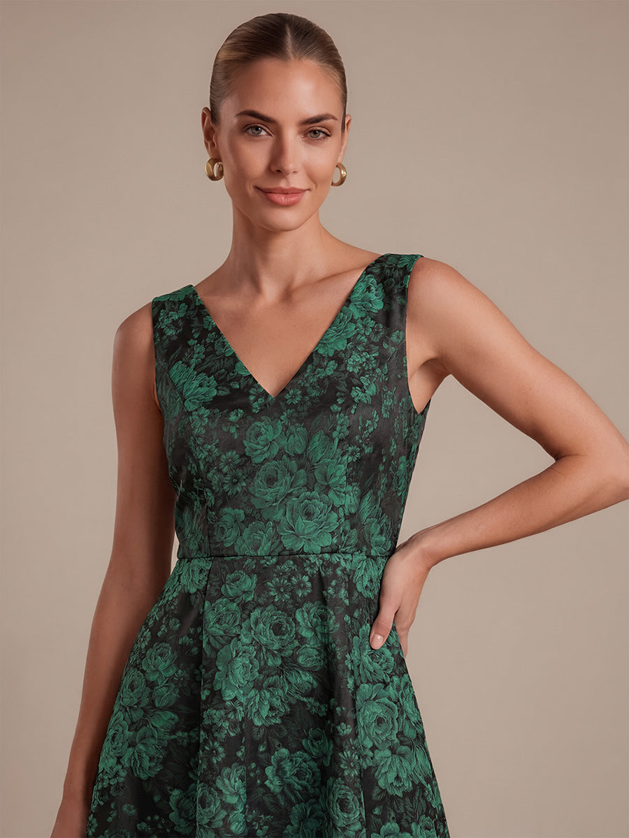 Floral Print Jacquard V-Neck Midi Wedding Guest Dress #color_Dark Green