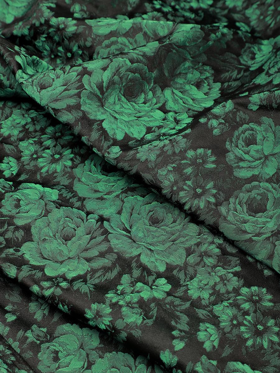 Floral Print Jacquard V-Neck Midi Wedding Guest Dress #color_Dark Green