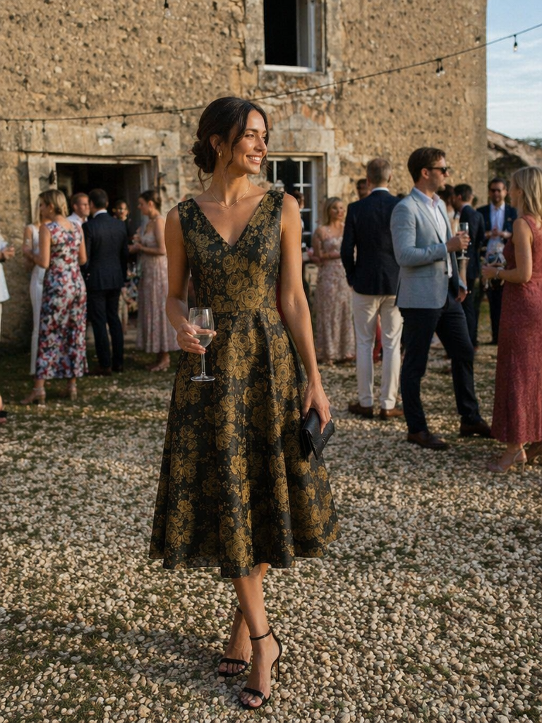 Floral Print Jacquard V-Neck Midi Wedding Guest Dress #color_Black/Gold