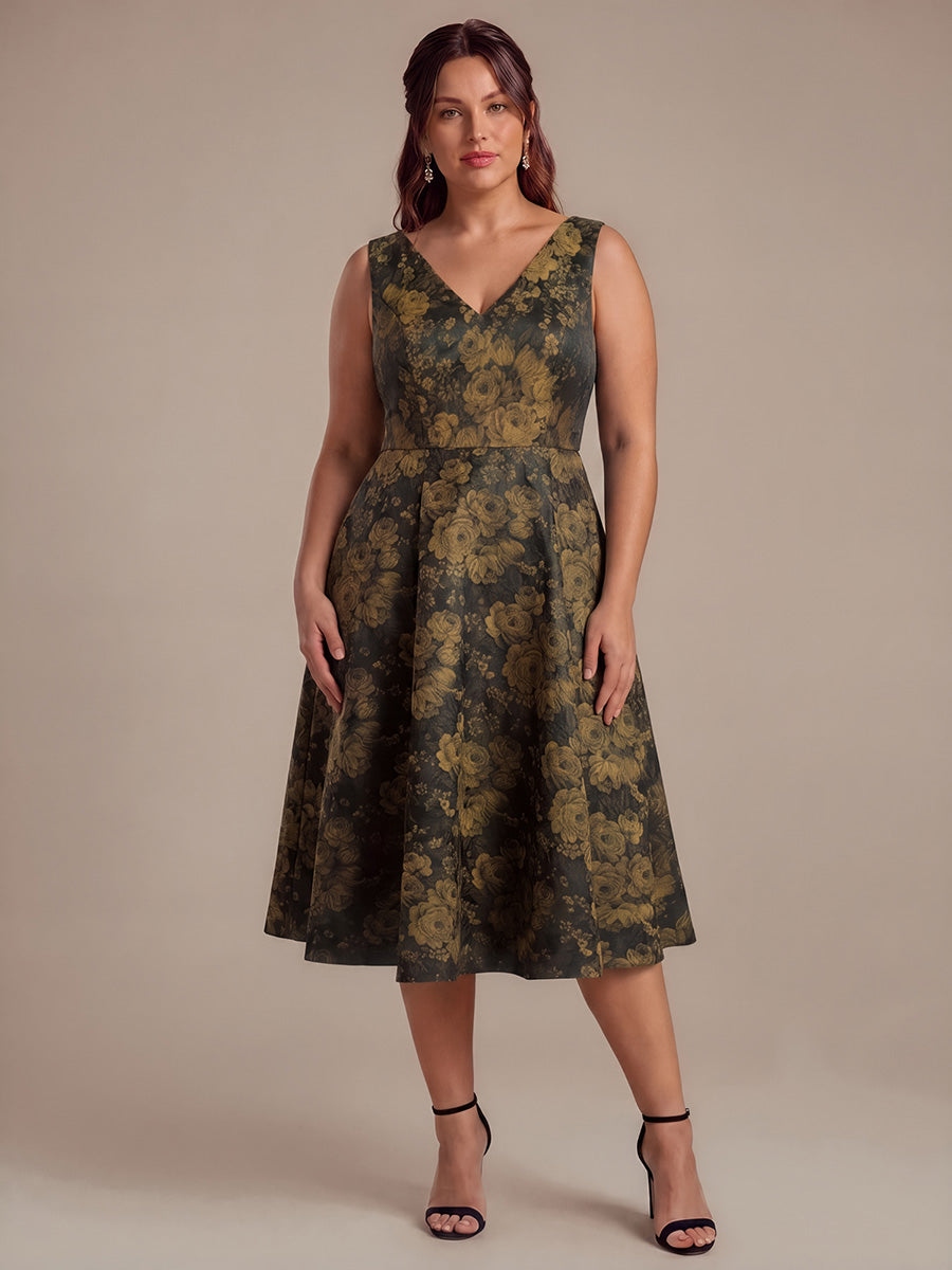 Floral Print Jacquard V-Neck Midi Wedding Guest Dress #color_Black/Gold