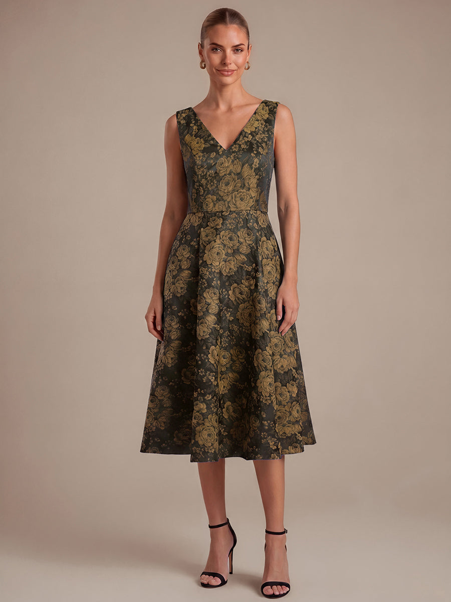 Floral Print Jacquard V-Neck Midi Wedding Guest Dress #color_Black & Gold