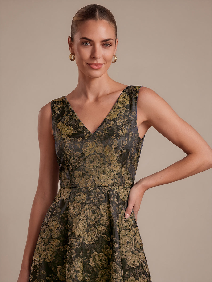 Floral Print Jacquard V-Neck Midi Wedding Guest Dress #color_Black & Gold