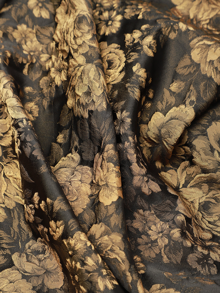 Floral Print Jacquard V-Neck Midi Wedding Guest Dress #color_Black/Gold