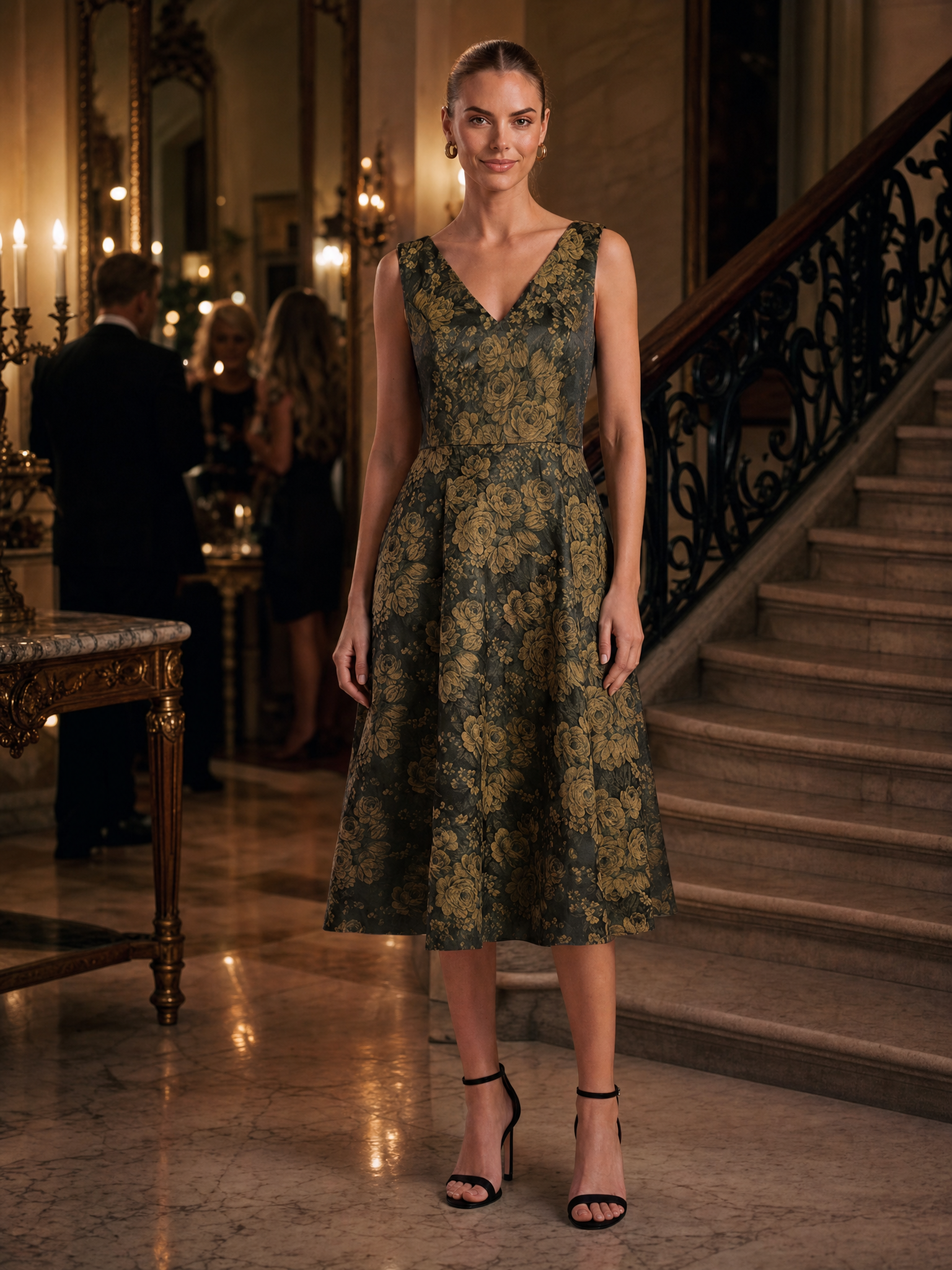 Floral Print Jacquard V-Neck Midi Wedding Guest Dress #color_Black/Gold
