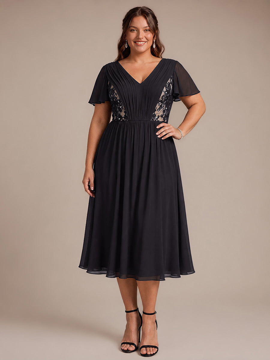 See-through Chiffon Ruffle Sleeve Wedding Guest Dress #color_Black