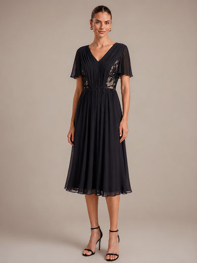 See-through Chiffon Ruffle Sleeve Wedding Guest Dress