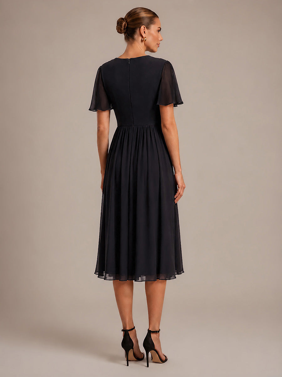 See-through Chiffon Ruffle Sleeve Wedding Guest Dress #color_Black