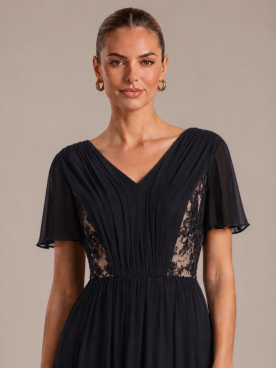 See-through Chiffon Ruffle Sleeve Wedding Guest Dress #color_Black