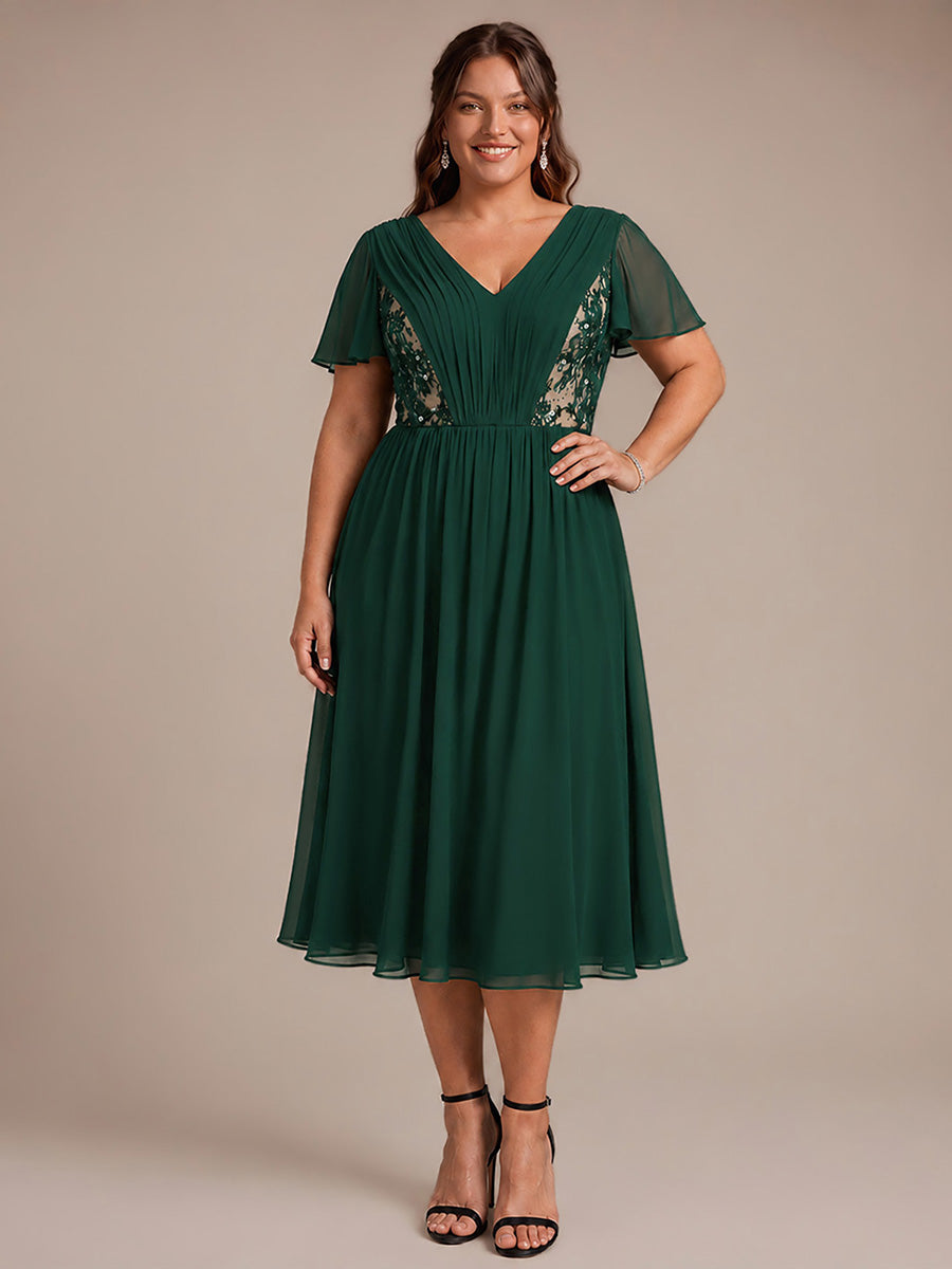 See-through Chiffon Ruffle Sleeve Wedding Guest Dress #color_Dark Green
