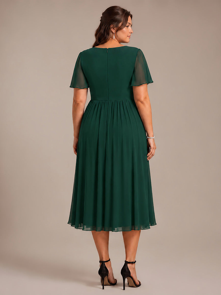 See-through Chiffon Ruffle Sleeve Wedding Guest Dress #color_Dark Green