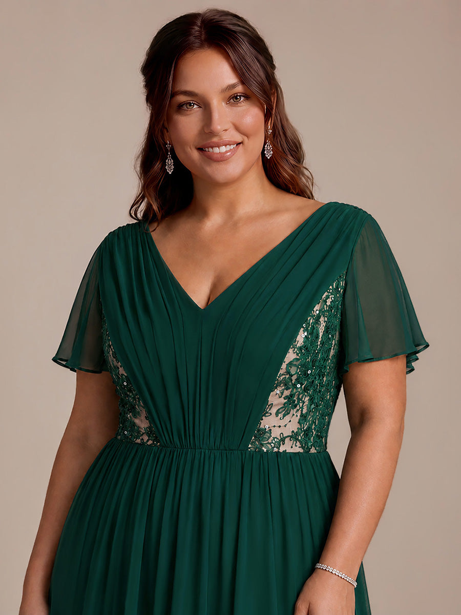 See-through Chiffon Ruffle Sleeve Wedding Guest Dress #color_Dark Green