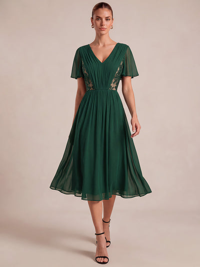 See-through Chiffon Ruffle Sleeve Wedding Guest Dress