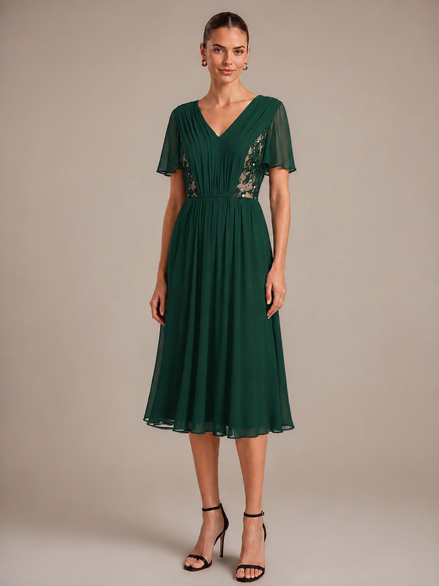 See-through Chiffon Ruffle Sleeve Wedding Guest Dress #color_Dark Green