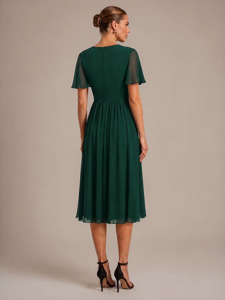 See-through Chiffon Ruffle Sleeve Wedding Guest Dress #color_Dark Green