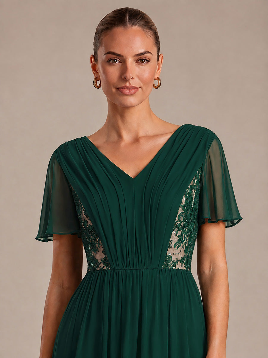 See-through Chiffon Ruffle Sleeve Wedding Guest Dress #color_Dark Green