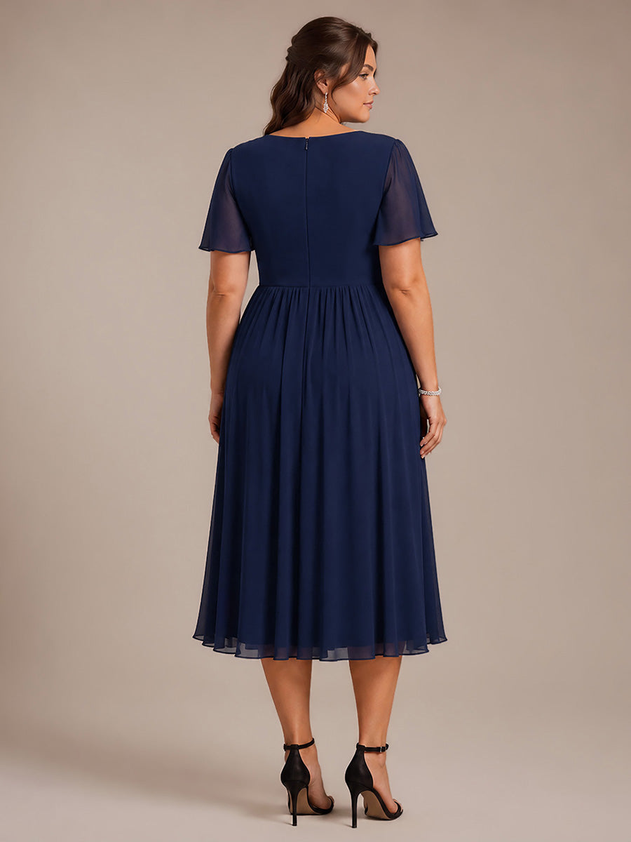 See-through Chiffon Ruffle Sleeve Wedding Guest Dress #color_Navy Blue