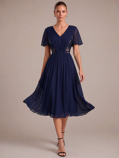 See-through Chiffon Ruffle Sleeve Wedding Guest Dress