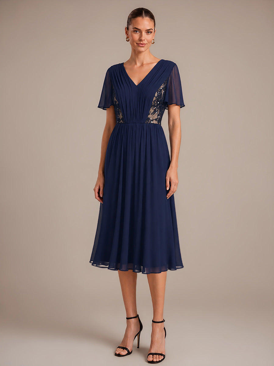 See-through Chiffon Ruffle Sleeve Wedding Guest Dress #color_Navy Blue