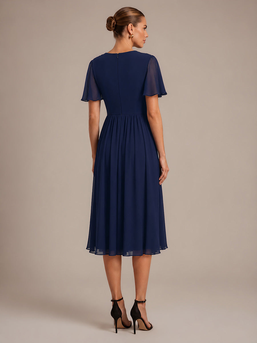 See-through Chiffon Ruffle Sleeve Wedding Guest Dress #color_Navy Blue