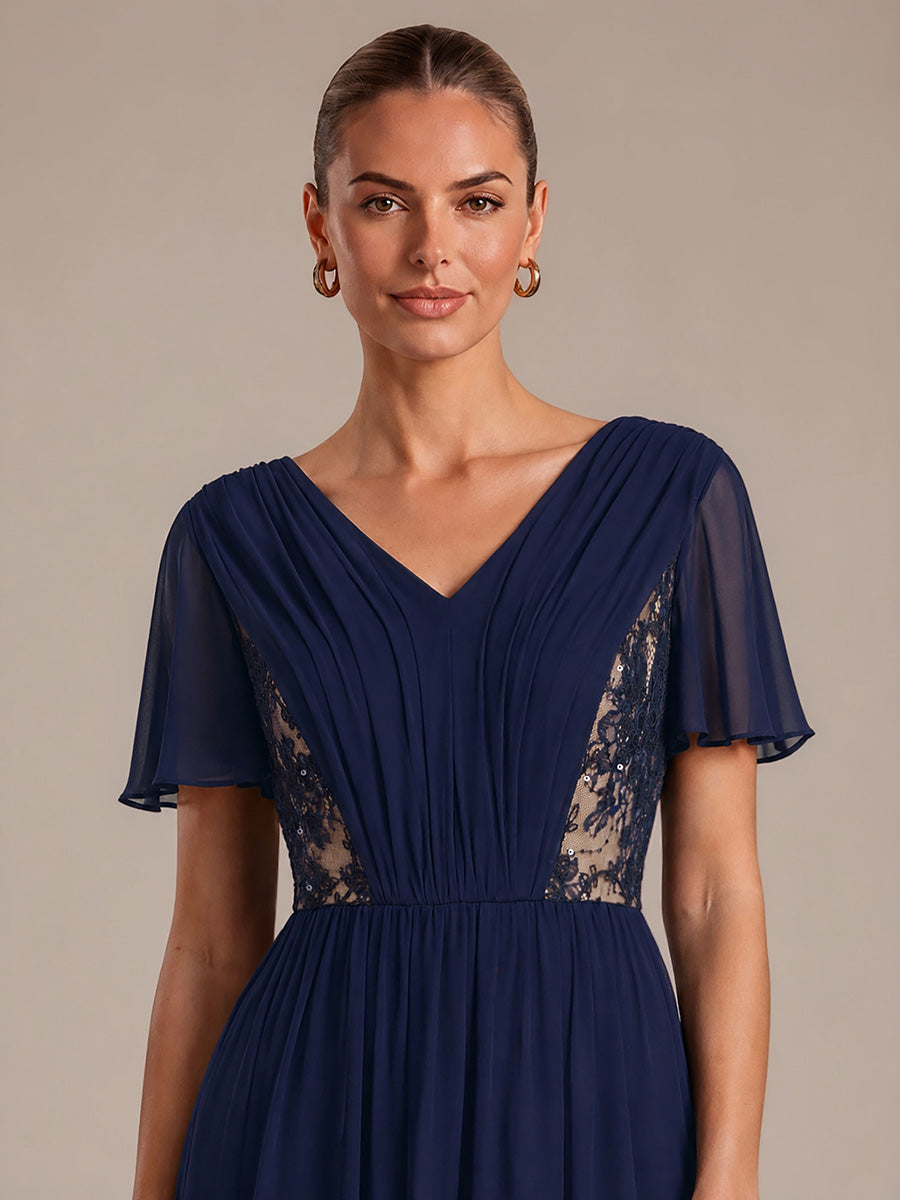 See-through Chiffon Ruffle Sleeve Wedding Guest Dress #color_Navy Blue