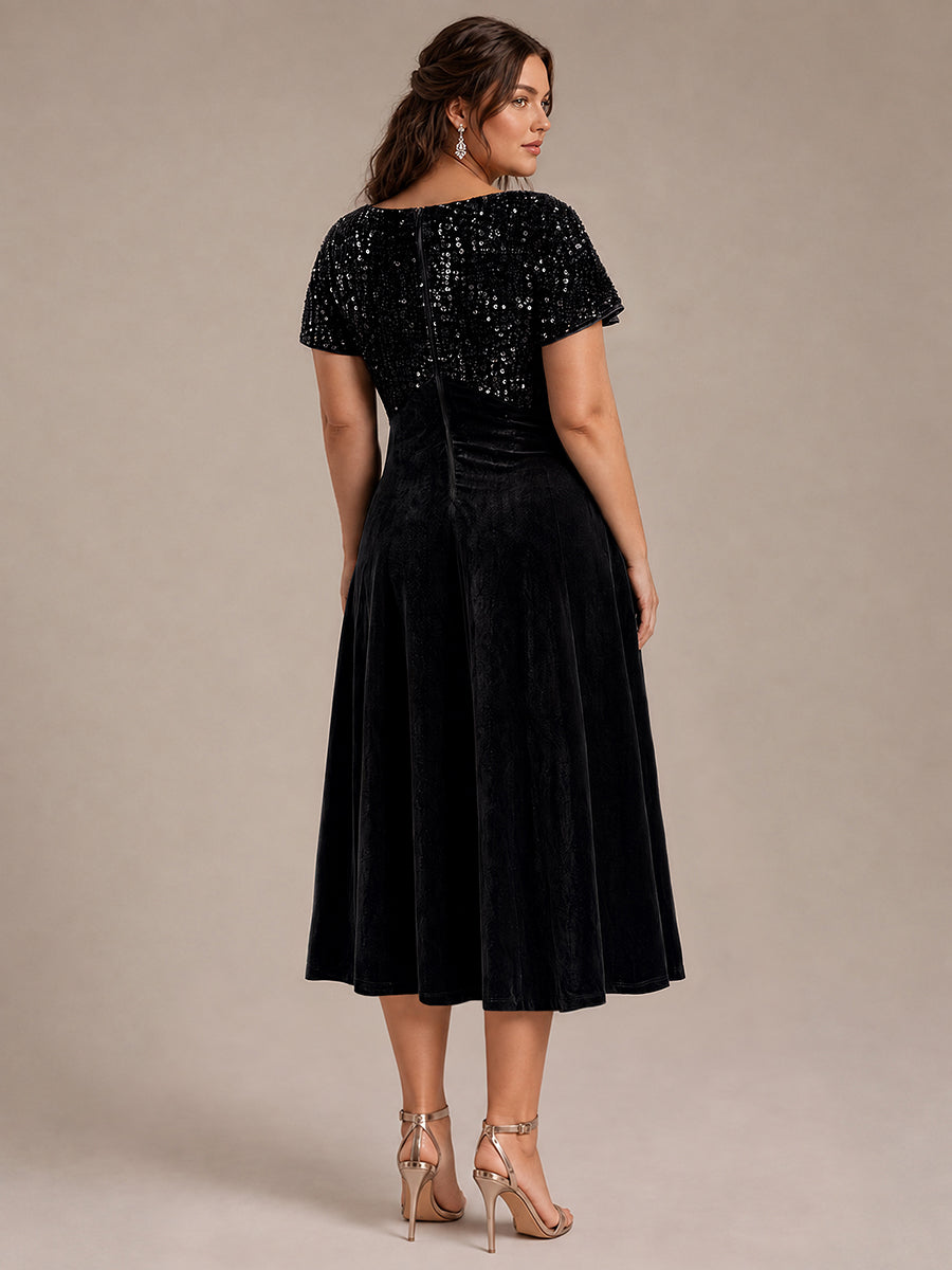 Plus Size Sequin Velvet Wedding Guest Dress #color_Black