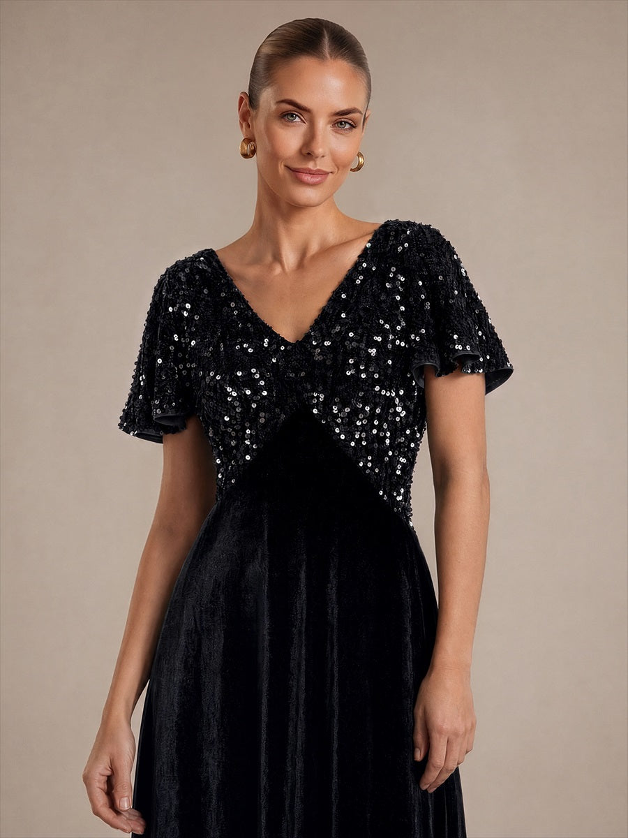 Sequin Velvet Ruffle Sleeve Wedding Guest Dress #color_Black